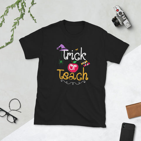 Image of Trick or Teach Funny Halloween Gifts Teachers Short-Sleeve Unisex T-Shirt