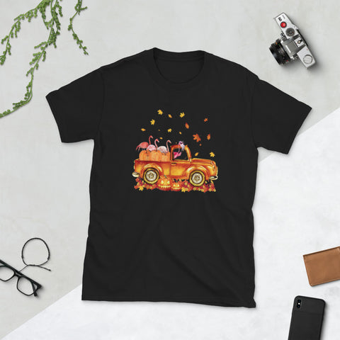 Image of Happy Halloween Flamingo Cute Pumpkin Truck Short-Sleeve Unisex T-Shirt