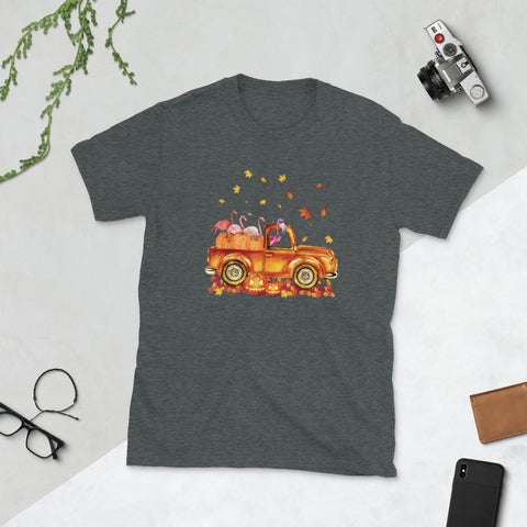 Image of Happy Halloween Flamingo Cute Pumpkin Truck Short-Sleeve Unisex T-Shirt