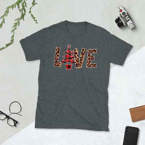 Image of Leopard Buffalo Plaid Christmas Tree Love Merry Christmas Short-Sleeve Unisex T-Shirt
