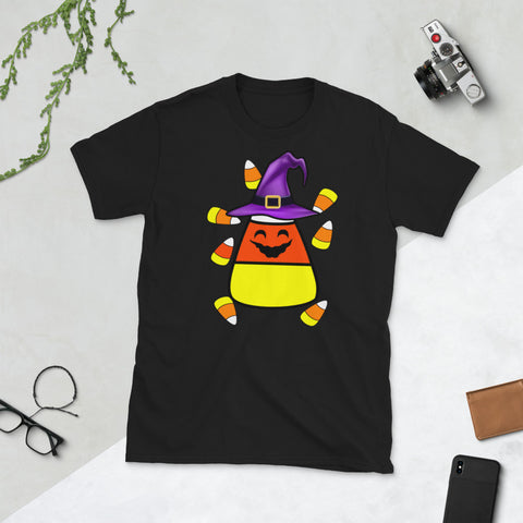 Image of Candy Corn Emoticon Winky Face Witch Funny Halloween Short-Sleeve Unisex T-Shirt