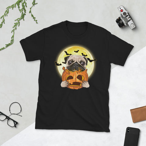 Image of Pug Pumpkin Moon Bat Halloween Short-Sleeve Unisex T-Shirt