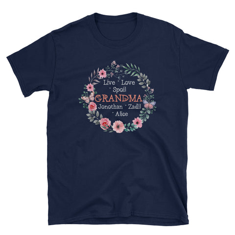 Image of Personalized Live Love Spoil Grandma With Kids Name Unisex Softstyle T-Shirt, Mother's Day Gift For Grandma With Custom Kids Name