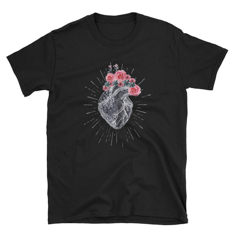 Image of Anatomical Heart - Human heart with flowers Short-Sleeve Unisex T-Shirt