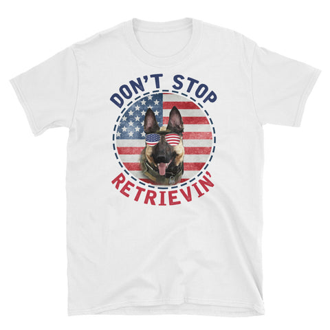 Image of Don't Stop Retrieving German Shepherd American Flag 4th Of July Short-Sleeve Unisex T-Shirt, Independence Day Shirt