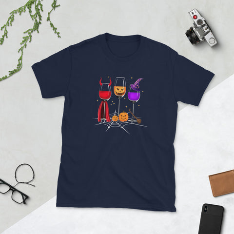 Image of Halloween Wine Glass Witchcraft Dracula Pumpkin Short-Sleeve Unisex T-Shirt