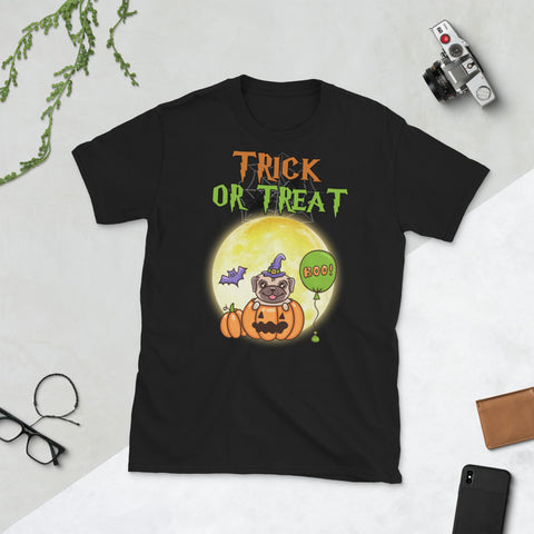 Image of Halloween Pug Pumpkin Moon Trick or Treat Short-Sleeve Unisex T-Shirt