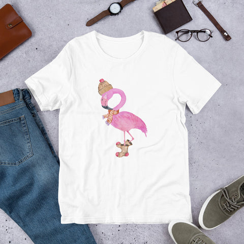 Image of Flamingo Christmas Winter Short-Sleeve Unisex T-Shirt, Christmas Shirt, Flamingo Shirt