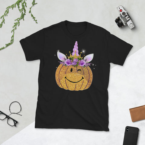 Image of Cute Unicorn Face Pumpkin Flower Halloween Short-Sleeve Unisex T-Shirt