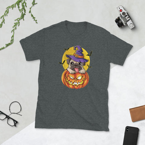 Image of Pug Witch Pumpkin Halloween Pugkin Dog Short-Sleeve Unisex T-Shirt