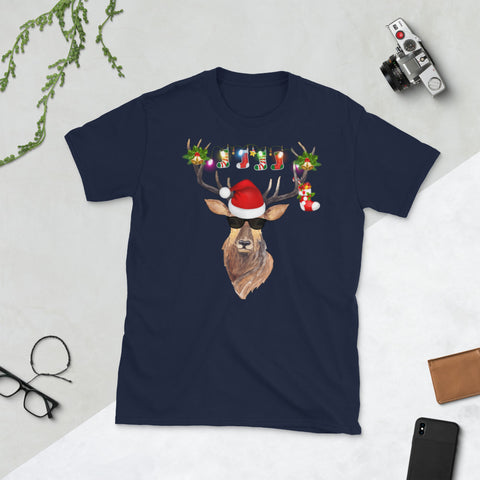 Image of Reindeer With Sunglasses Funny Christmas Short-Sleeve Unisex T-Shirt