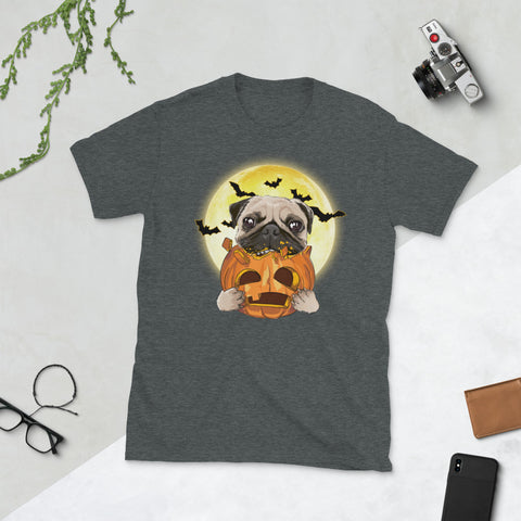 Image of Pug Pumpkin Moon Bat Halloween Short-Sleeve Unisex T-Shirt