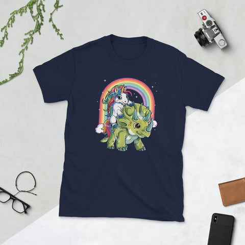 Image of Unicorn Riding Dinosaur Triceratops Rainbow Gifts Short-Sleeve Unisex T-Shirt