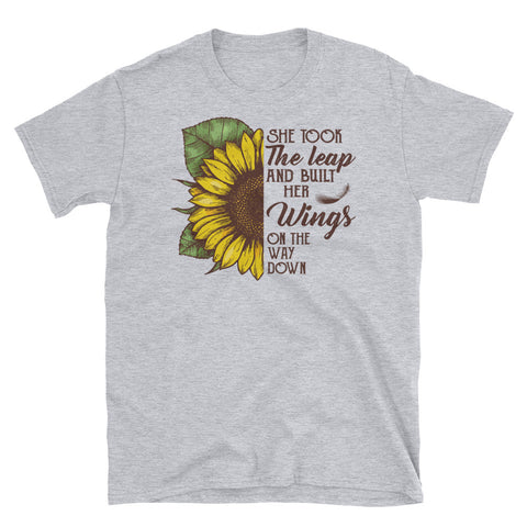 Image of She Took The Leap And Built Her Wings On The Way Down Short-Sleeve Unisex T-Shirt, Sunflower Watercolor Shirt