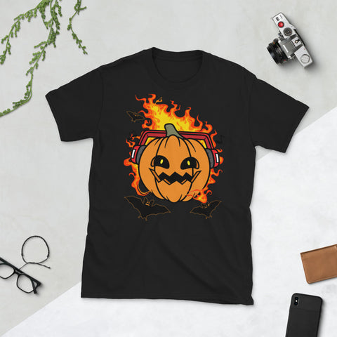 Image of Halloween Pumpkin With Headphone Bat Lover Short-Sleeve Unisex T-Shirt