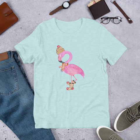 Image of Flamingo Christmas Winter Short-Sleeve Unisex T-Shirt, Christmas Shirt, Flamingo Shirt