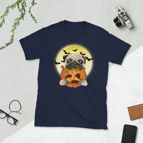 Image of Pug Pumpkin Moon Bat Halloween Short-Sleeve Unisex T-Shirt