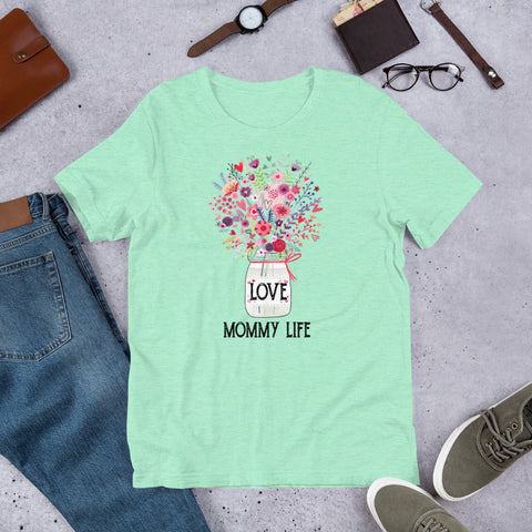 Image of Personalized Love Mommy Life Mason Jar Flowers Premium Short-Sleeve Unisex T-Shirt, Grandma Life | Aunt Life | Nana Life | Mom Life