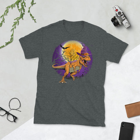 Image of Dinosaur Witch Halloween Moon Bat Short-Sleeve Unisex T-Shirt