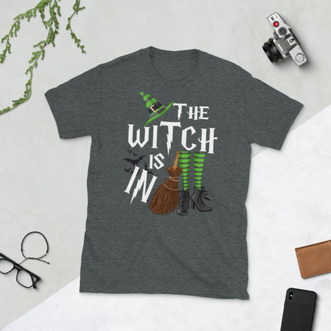 Image of The Witch Is In Here This Halloween Season Broom Bat Witch Leg Short-Sleeve Unisex T-Shirt