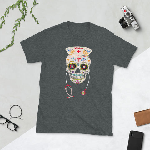 Image of Nurse Sugar Skull Shirt Halloween Day Of The Dead Short-Sleeve Unisex T-Shirt