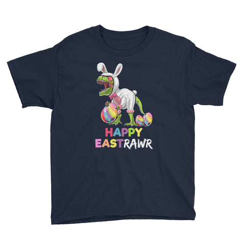 Image of Funny Easter Day Happy EastRawr T Rex Dinosaur Easter Bunny Egg Shirt Kids Youth Short Sleeve T-Shirt