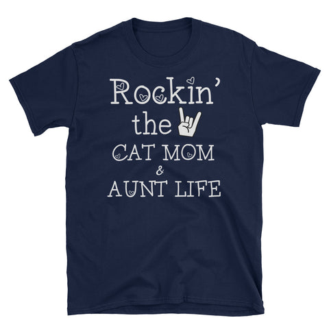 Image of Personalized Rockin' The Cat Mom And Aunt Life Unisex Softstyle T-Shirt, Funny T-shirt For Aunt and Cat Mom
