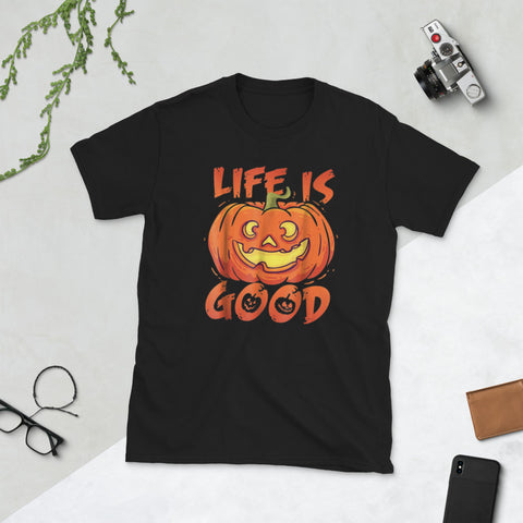 Image of Halloween Funny Pumpkin Life Is Good Jack O Lantern Short-Sleeve Unisex T-Shirt