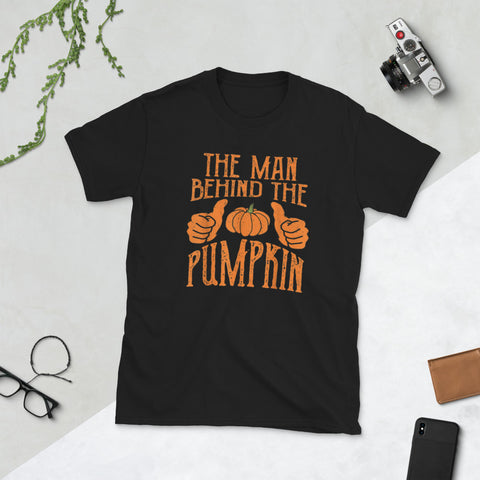 Image of Halloween Pregnancy Funny Man Behind Pumpkin Party Short-Sleeve Unisex T-Shirt