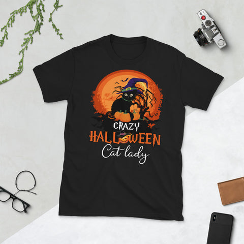 Image of Crazy Halloween Cat Lady Black Cat In Moon Bat Halloween Short-Sleeve Unisex T-Shirt