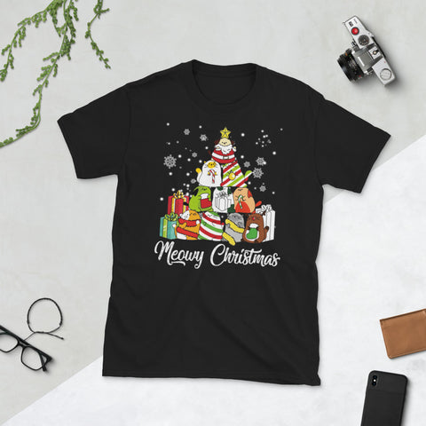 Image of Meowy Christmas Tree Funny Meowy Christmas Short-Sleeve Unisex T-Shirt