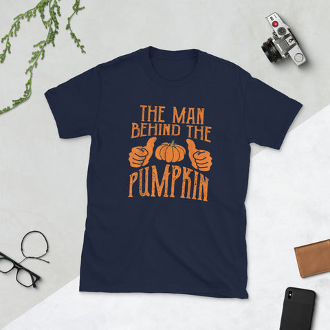 Image of Halloween Pregnancy Funny Man Behind Pumpkin Party Short-Sleeve Unisex T-Shirt