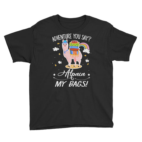 Image of Adventure You Say Alpaca My Bags Youth Short Sleeve T-Shirt, Back To School Shirt For Kids, Funny Alpaca Shirt