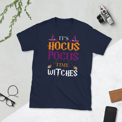 Image of It's Hocus Pocus Time Witches Halloween Costume Hat Broom Witch Short-Sleeve Unisex T-Shirt