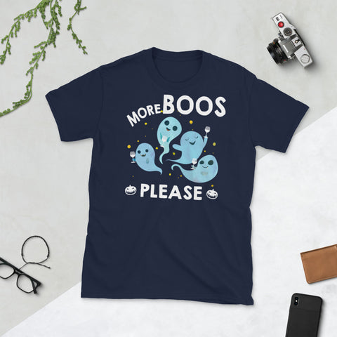 Image of More Boos Please Halloween Ghost Wine Pumpkin Short-Sleeve Unisex T-Shirt