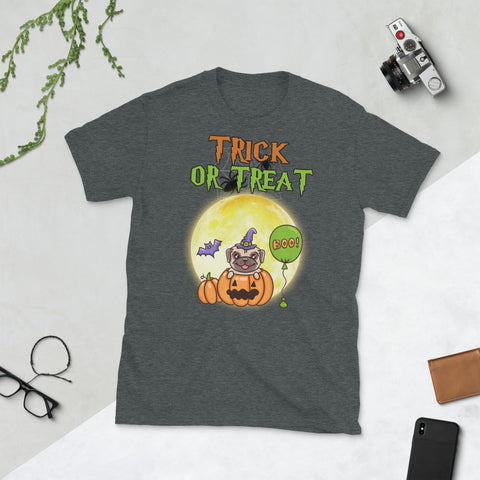 Image of Halloween Pug Pumpkin Moon Trick or Treat Short-Sleeve Unisex T-Shirt