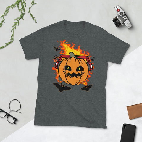 Image of Halloween Pumpkin With Headphone Bat Lover Short-Sleeve Unisex T-Shirt