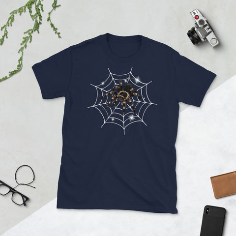 Image of Happy Scary Halloween Spider Web Halloween Short-Sleeve Unisex T-Shirt