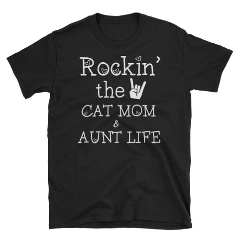 Image of Personalized Rockin' The Cat Mom And Aunt Life Unisex Softstyle T-Shirt, Funny T-shirt For Aunt and Cat Mom