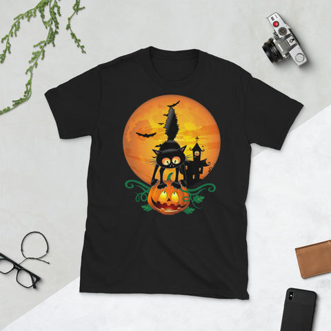 Image of Cat Halloween Black Cat Pumpkin Halloween Short-Sleeve Unisex T-Shirt