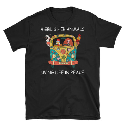 Image of A Girl And Her Animals Living Life In Peace Short-Sleeve Unisex T-Shirt, Hippie Car Shirt, Yoga Shirt, Camping Shirt