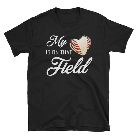 Image of My Heart Is On That Field Unisex Softstyle T-Shirt, Baseball Mom For Mother's Day
