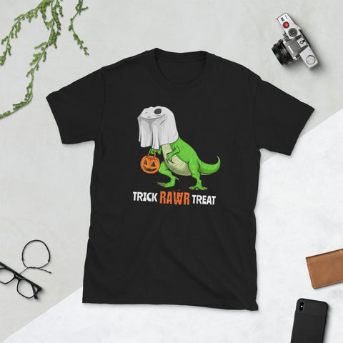 Image of Halloween T Rex Dinosaur Ghost Trick RAWR Treat Short-Sleeve Unisex T-Shirt