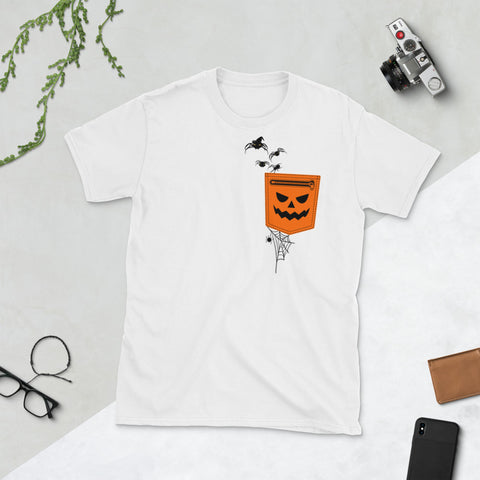Image of Funny Print Pocket Pumpkin Spider Witch Halloween Short-Sleeve Unisex T-Shirt