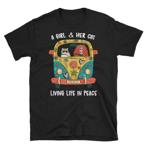 Image of A Girl And Her Cat Living Life In Peace Short-Sleeve Unisex T-Shirt, Hippie Car Shirt