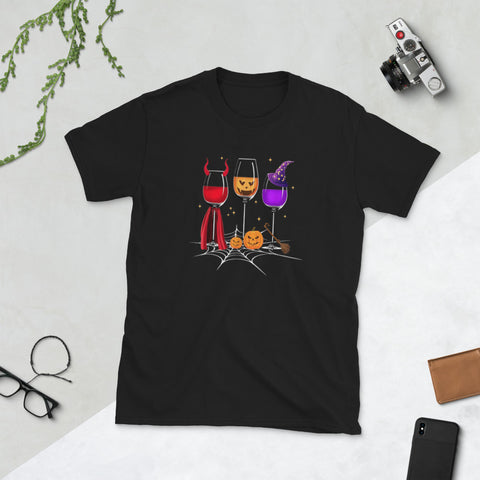 Image of Halloween Wine Glass Witchcraft Dracula Pumpkin Short-Sleeve Unisex T-Shirt