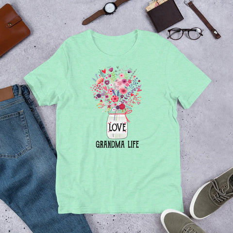Image of Personalized Love Grandma Life Mason Jar Flowers Premium Short-Sleeve Unisex T-Shirt, Granny Life | Aunt Life | Mom Life | Grammy Life
