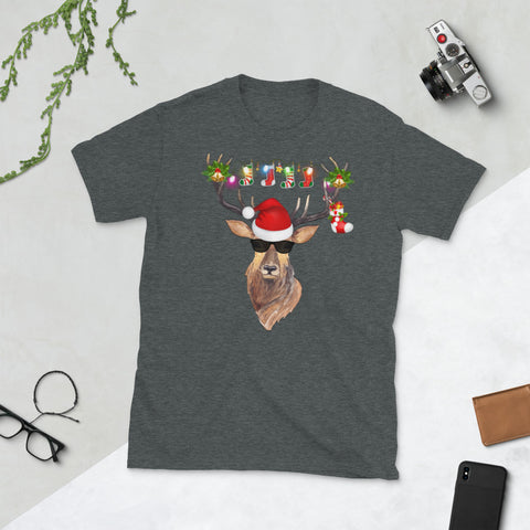 Image of Reindeer With Sunglasses Funny Christmas Short-Sleeve Unisex T-Shirt