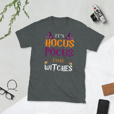 Image of It's Hocus Pocus Time Witches Halloween Costume Hat Broom Witch Short-Sleeve Unisex T-Shirt