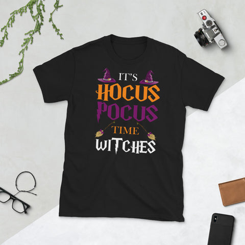 Image of It's Hocus Pocus Time Witches Halloween Costume Hat Broom Witch Short-Sleeve Unisex T-Shirt